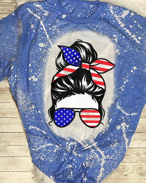 American Flag Mom Bleach Casual T-Shirt