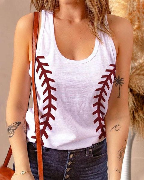 White Baseball Print Tank Top