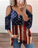 American Flag Star Striped Lace Cold Shoulder Blouse