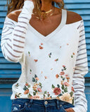 Mesh Striped Cutout Off-Shoulder Long Sleeve T-Shirt