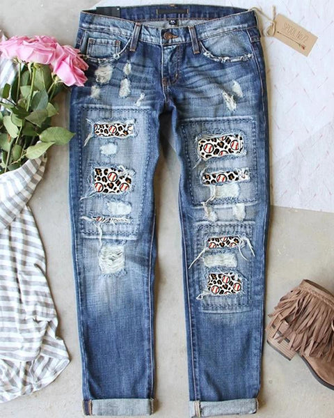 Baseball Print Ripped Jeans