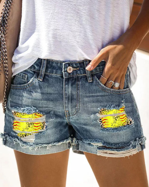 SOFTBALL RIPPED DENIM SHORTS