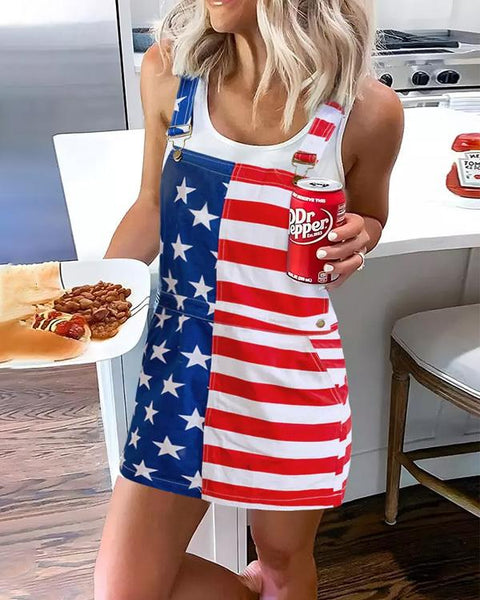 American Flag Pocket Overall Mini Dress