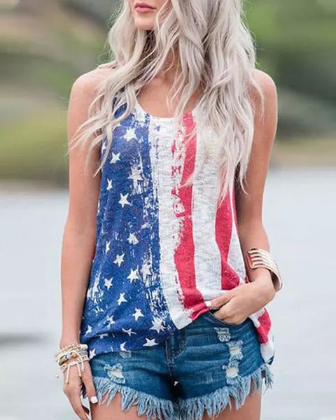 Striped Star Sleeveless O-Neck Tank