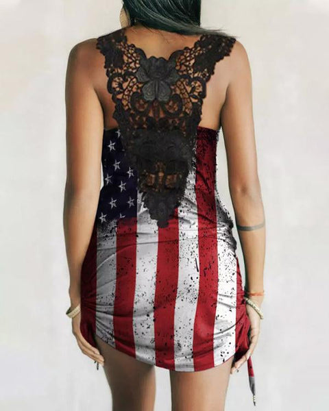 Lace Splicing American Flag Drawstring Mini Dress