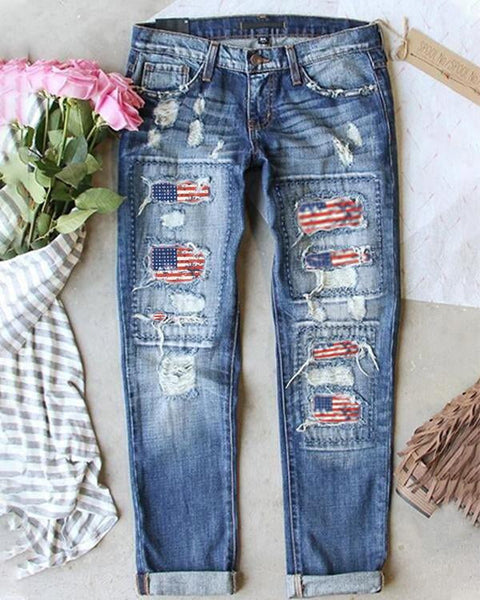 American Flag Print Stylish Straight Jeans