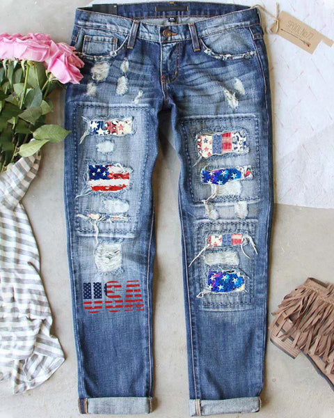 American Flag Print Shredded Casual Straight Jeans