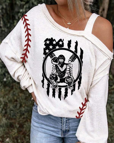 US Baseball Print Off Shoulder Print Long Sleeve Sweatshirt