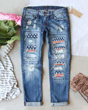 Patriotic American Flag Button Pocket Ripped Jeans