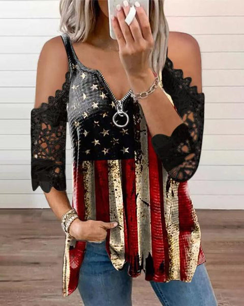 American Flag Star Striped Lace Cold Shoulder Blouse