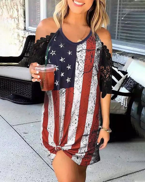 American Flag Lace Cold Shoulder Mini Dress