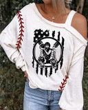 US Baseball Print Off Shoulder Print Long Sleeve Sweatshirt