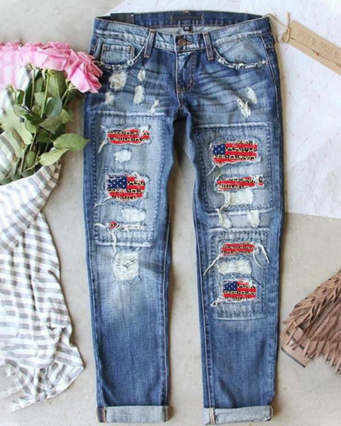 American Flag Leopard Print Stylish Straight Jeans