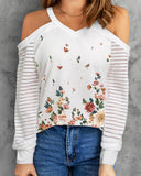 Mesh Striped Cutout Off-Shoulder Long Sleeve T-Shirt