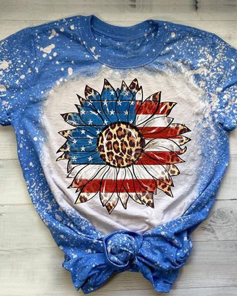 American Flag Sunflower Printed Bleached T-Shirt