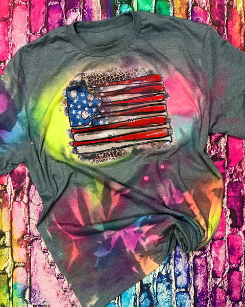 Baseball American Flag Tie Dye Bleached Shirt