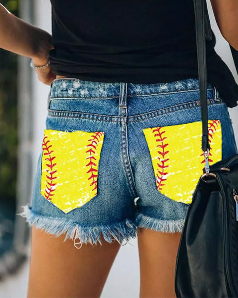 SOFTBALL RIPPED DENIM SHORTS
