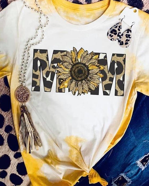 Mom Sunflower Bleached Printed T-Shirt
