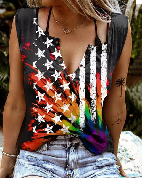 American Flag Tie Dye Notch Collar Tank Top