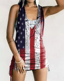 Lace Splicing American Flag Drawstring Mini Dress