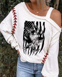 Off Shoulder US Baseball Print Long Sleeve Shirt