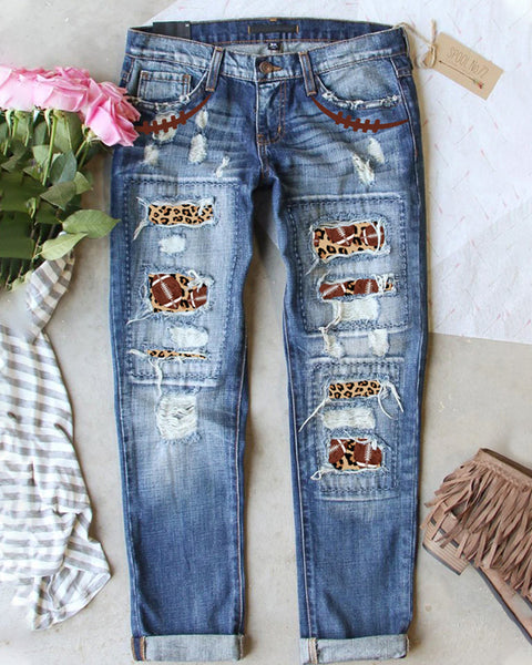 AMERICAN FOOTBALL LEOPARD RIPPED JEANS
